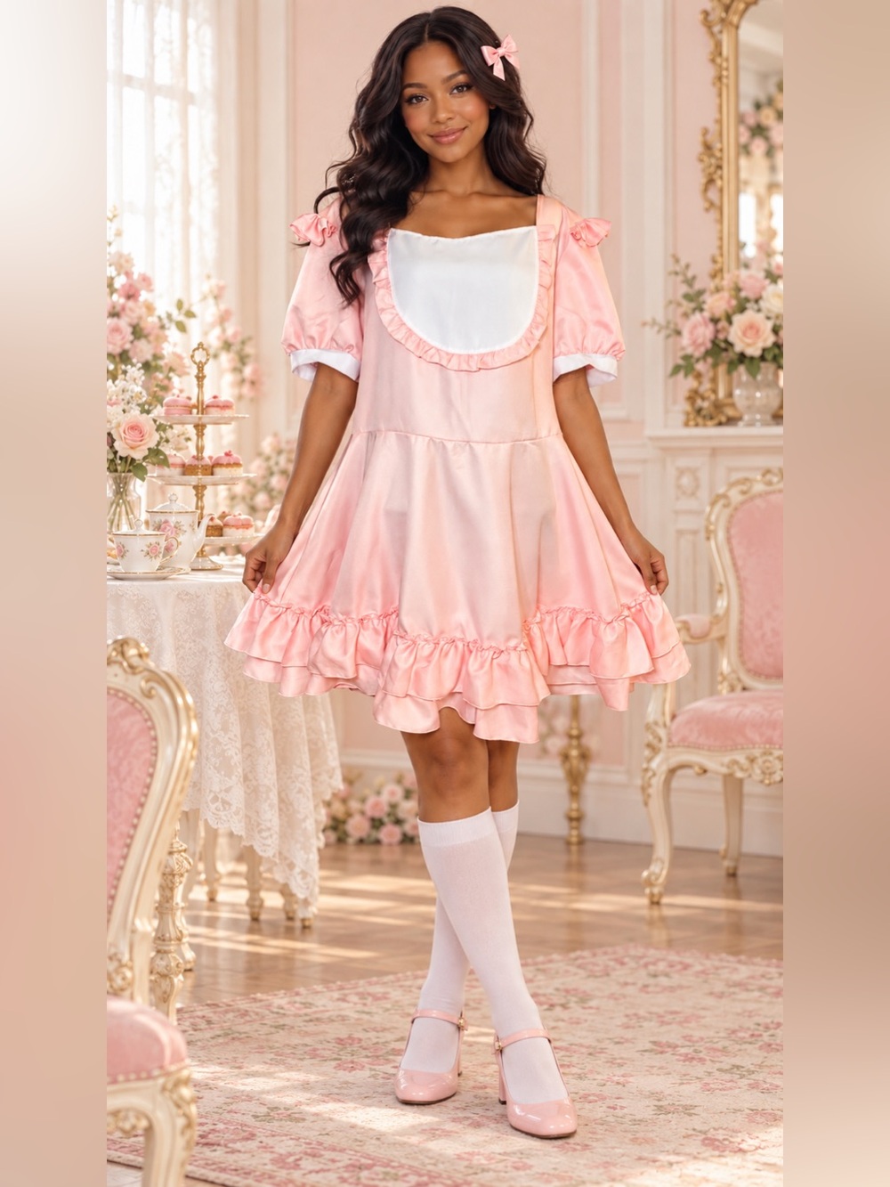 Pink Maid Cosplay Dress White Bib Puff Sleeves Kawaii Coquette Ruffle Hem